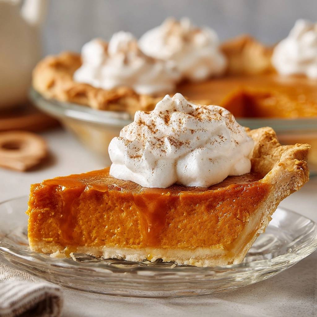 Silky pumpkin pie slice with whipped cream and cinnamon topping on a glass plate.