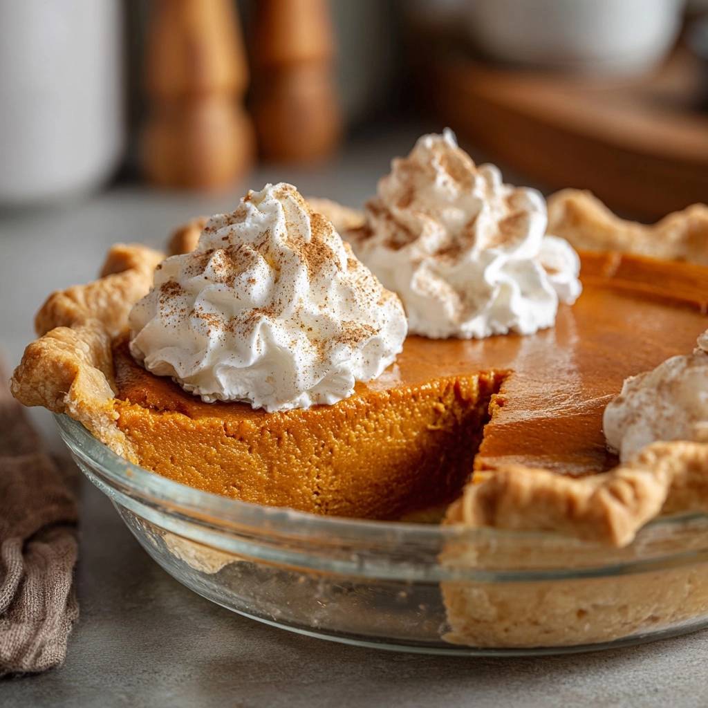 Silky pumpkin pie topped with fluffy whipped cream and a sprinkle of cinnamon, showcasing a slice missing.