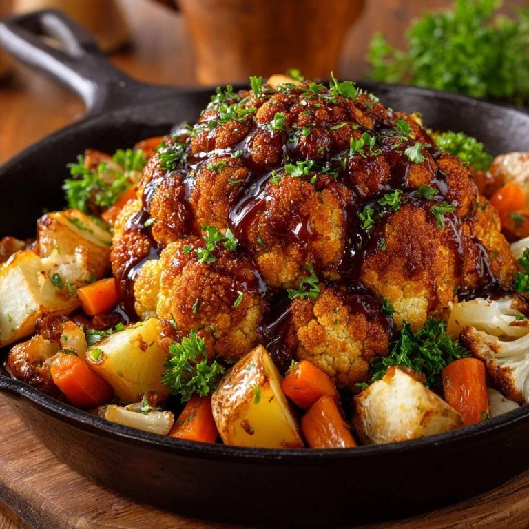 Skillet BBQ roasted cauliflower with potatoes and carrots, drizzled with a rich dark glaze and garnished with parsley.