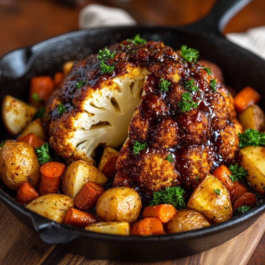 Skillet BBQ roasted cauliflower with potatoes and carrots, showcasing a close-up of the glazed florets and fresh parsley garnish.