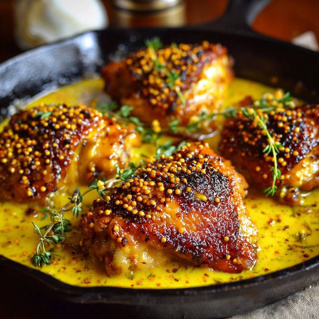 Skillet chicken thighs with mustard thyme sauce, presented in a close-up view within a cast-iron pan.