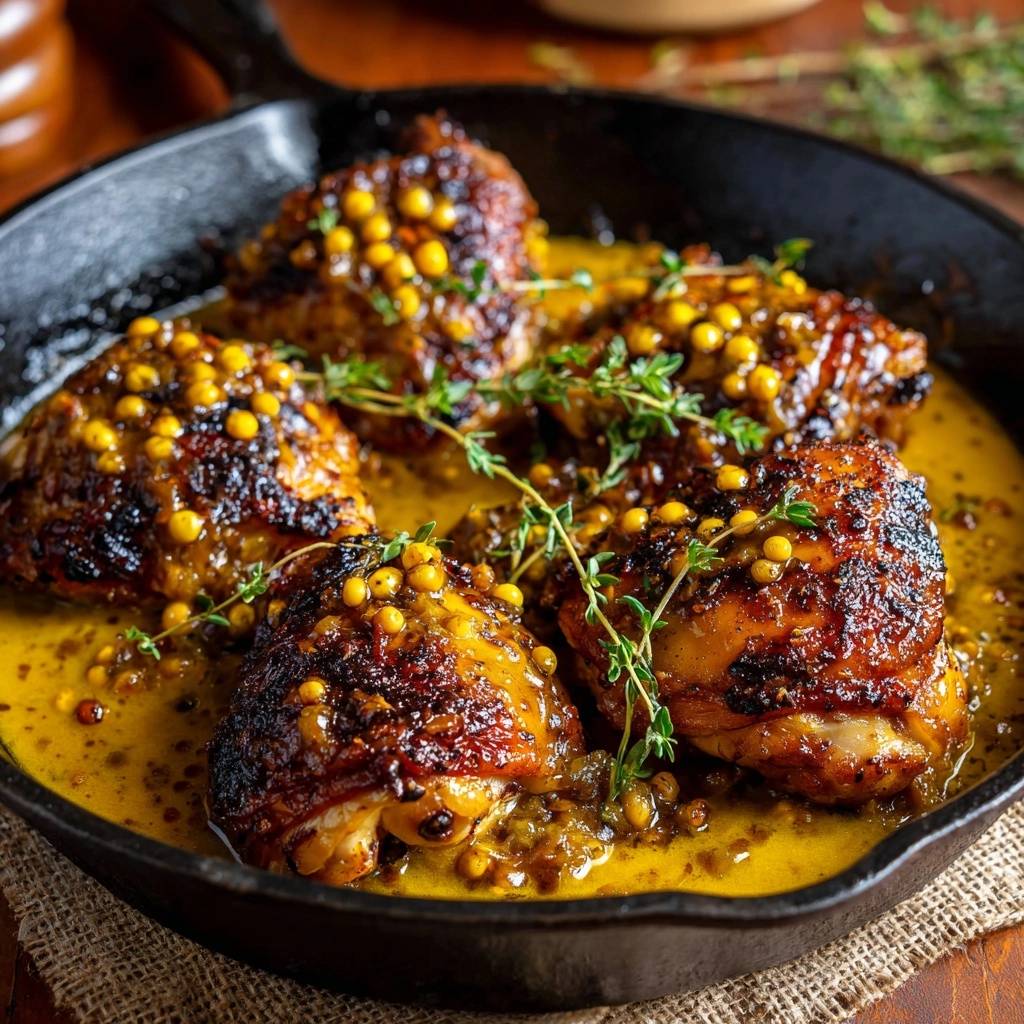 Skillet chicken thighs with mustard thyme sauce presented in a cast iron skillet with a close-up view of the rich sauce and garnish.