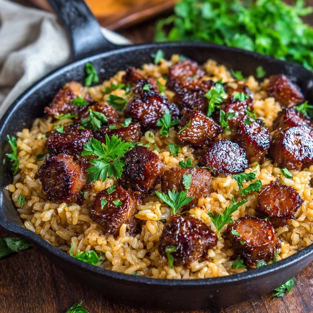 Skillet glazed bacon fried rice served in a cast iron pan, close-up view of fluffy grains and glazed bacon pieces.