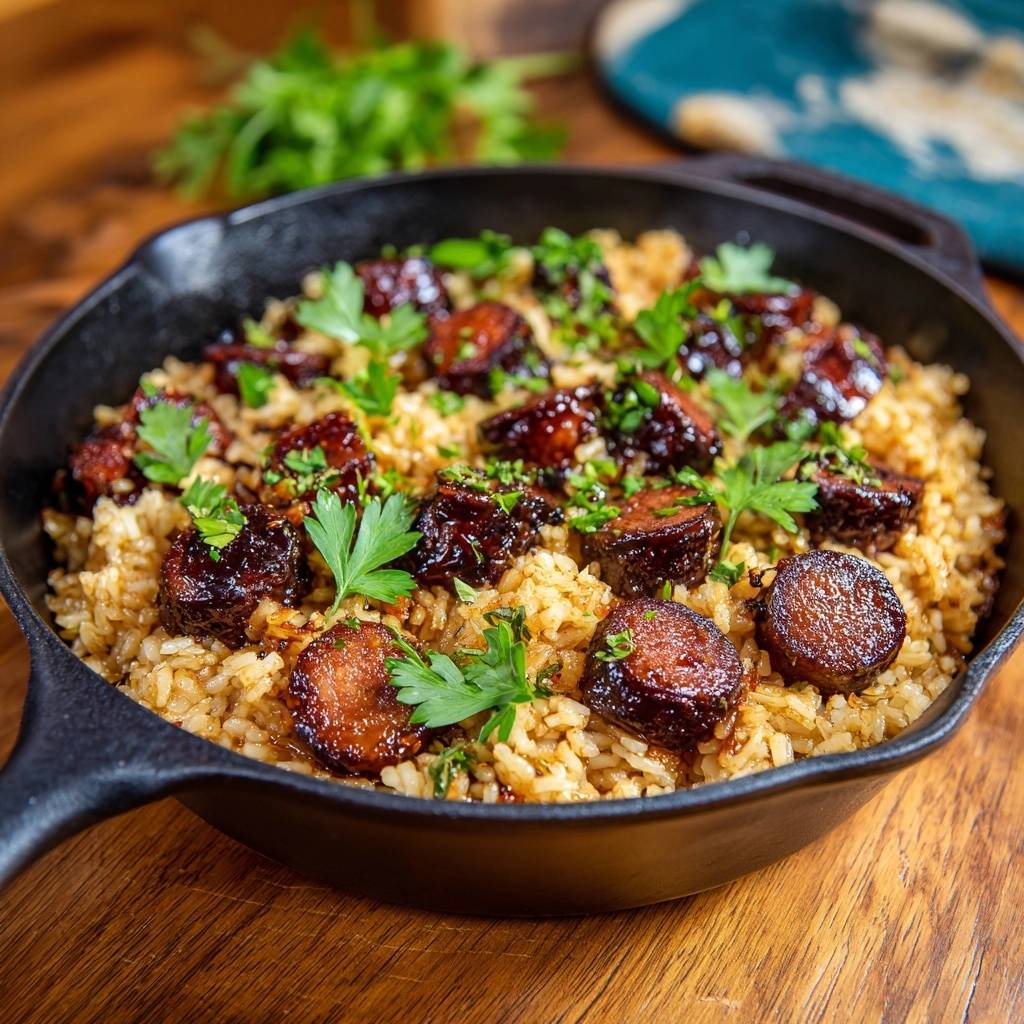 Skillet glazed bacon fried rice with fresh parsley garnish in a cast iron pan, close-up view.