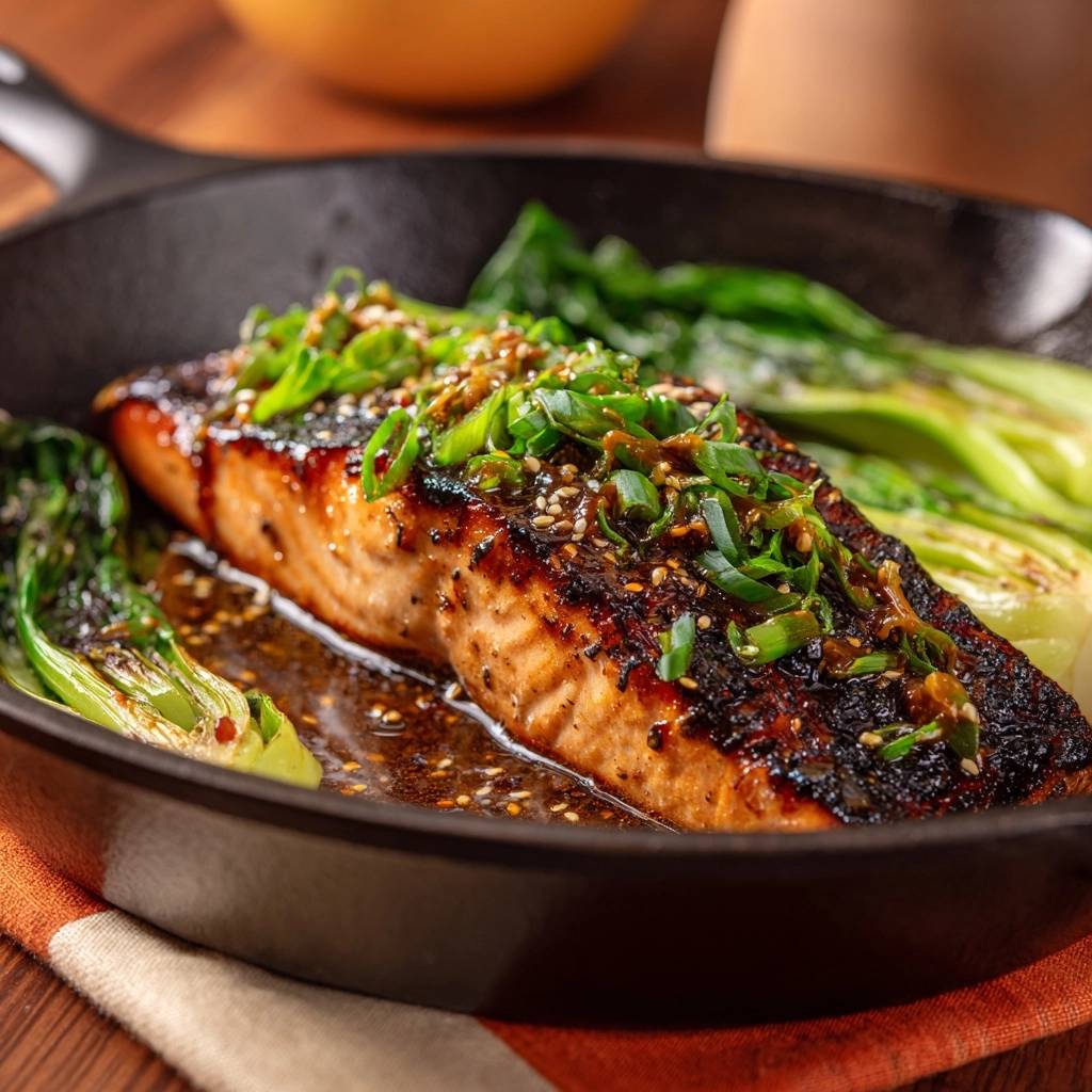 Skillet sesame salmon with bok choy, showing a close-up of the glossy glaze and fresh green onion garnish.