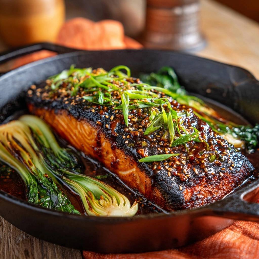 Skillet sesame salmon with bok choy, featuring a close-up view of the glistening, glazed fish topped with sesame seeds and scallions.