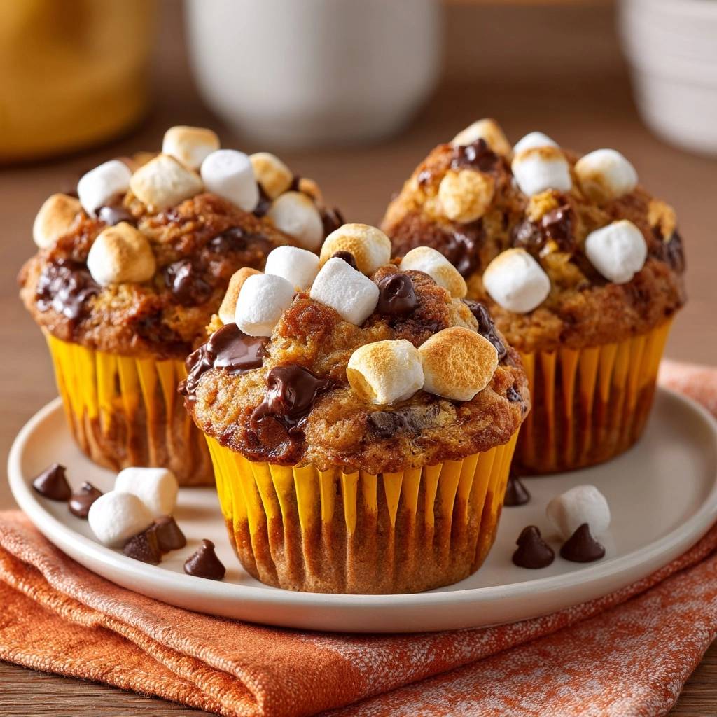 S'mores muffins with no-sink marshmallows topped with toasted marshmallows and chocolate chips on a plate.
