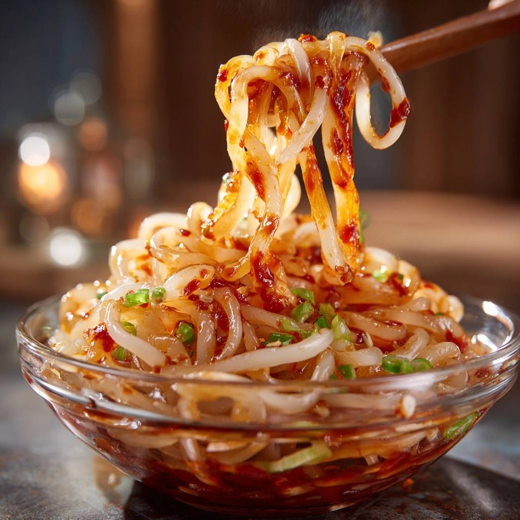 Spicy Gochujang Glass Noodles being lifted from a bowl with chopsticks, showing steam rising and a glossy sauce.