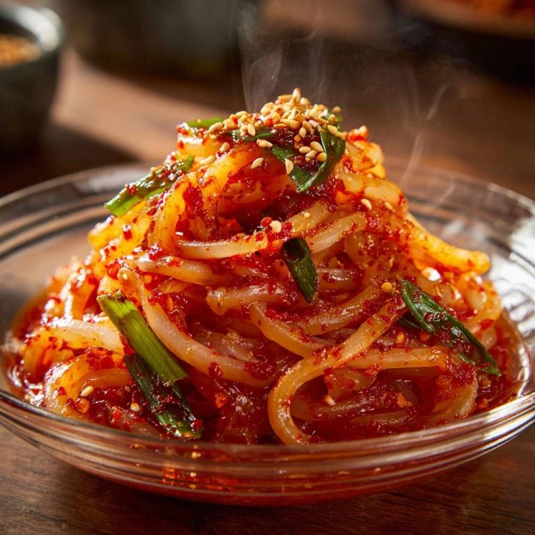 Spicy gochujang glass noodles are served steaming hot in a glass bowl, topped with sesame seeds and green onions.