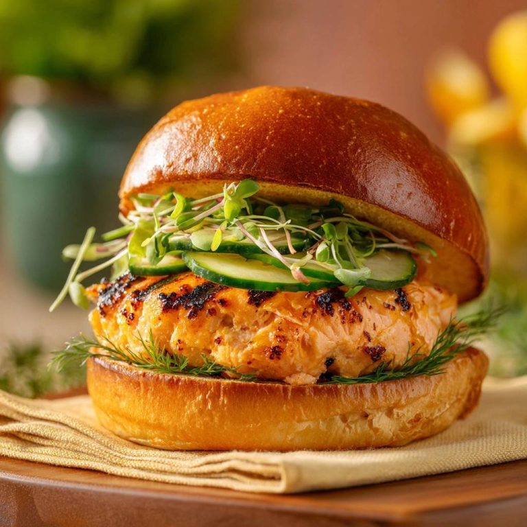 Spicy grilled salmon burger featuring a juicy, charred patty with microgreens and cucumber on a brioche bun.