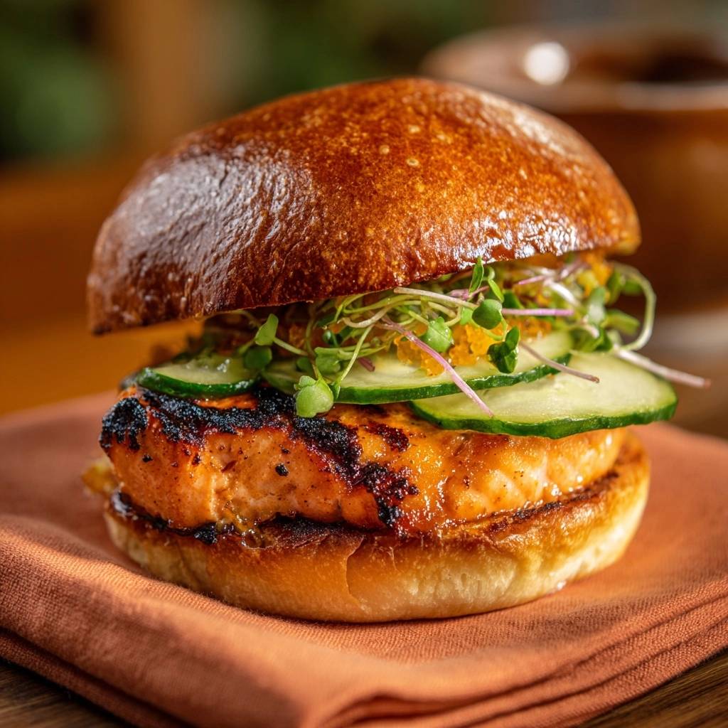 Spicy grilled salmon burger with cucumber and microgreens, shown in a close-up side view.