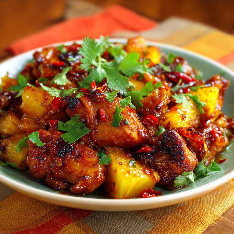 Spicy pineapple chicken shown close-up with fresh cilantro and chili garnish in a bowl.