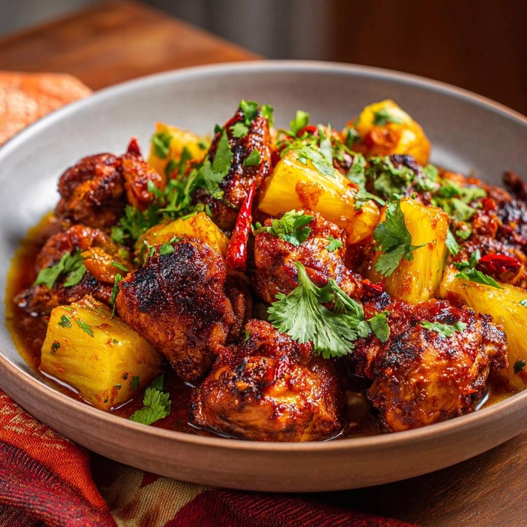 Spicy pineapple chicken shown close-up in a rustic bowl, garnished with fresh cilantro and red chilies.