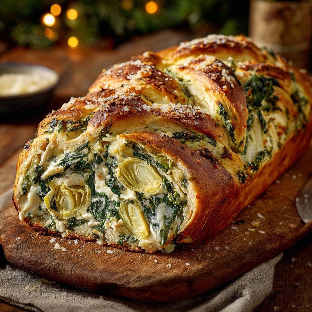 Spinach artichoke braided bread recipe showing a close-up cross-section of the cheesy filling and artichoke hearts.