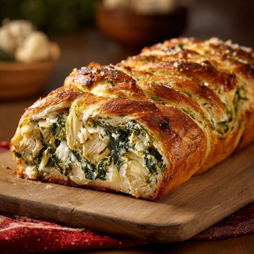 Spinach artichoke braided bread showing a golden-brown crust and a generous filling of spinach, artichoke hearts, and cheese.