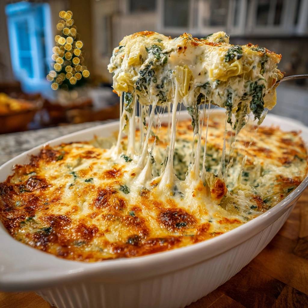 Spinach artichoke dip with a generous cheesy pull, showcasing its creamy, gooey texture fresh from the oven.