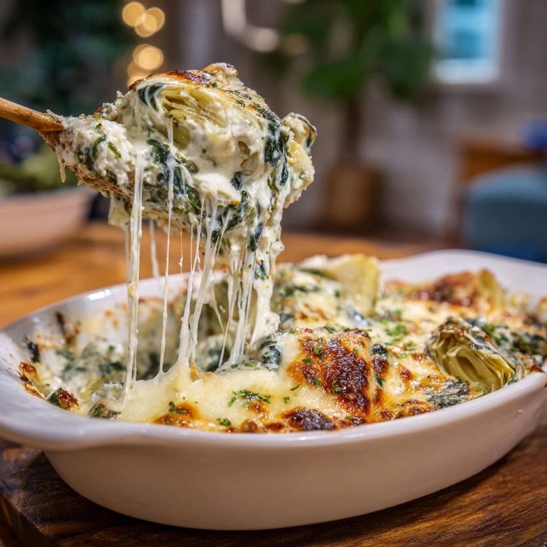 Spinach artichoke dip with a gooey cheese pull, served hot in a white baking dish.