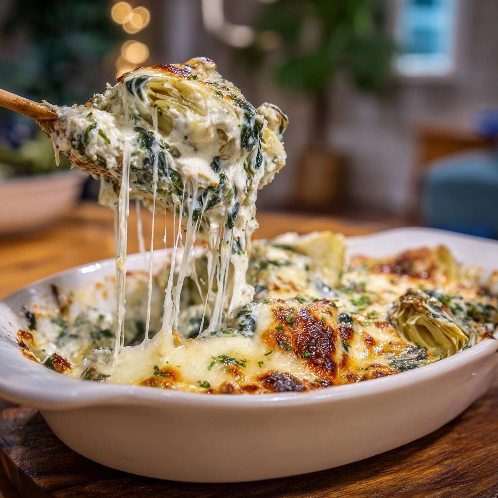 Spinach artichoke dip with a gooey cheese pull, served hot in a white baking dish.
