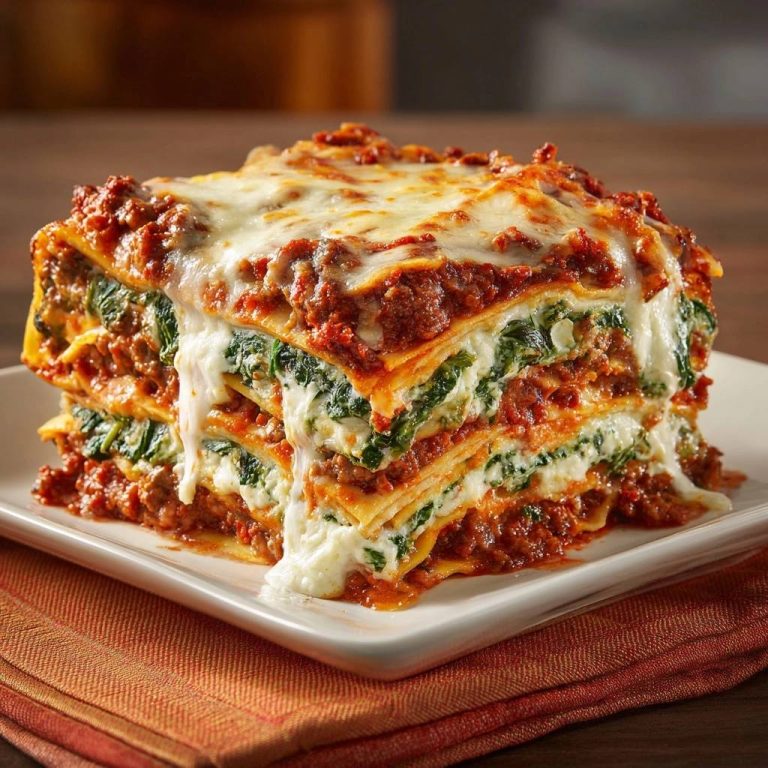 Spinach beef lasagna with firm layers shown in a close-up cross-section revealing its rich interior layers.