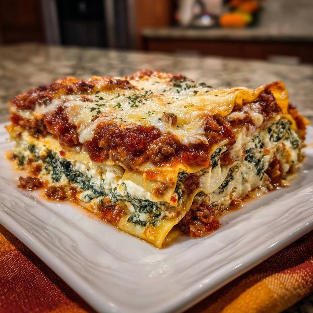 Spinach beef lasagna with firm layers shown in a close-up cross-section slice on a white plate.