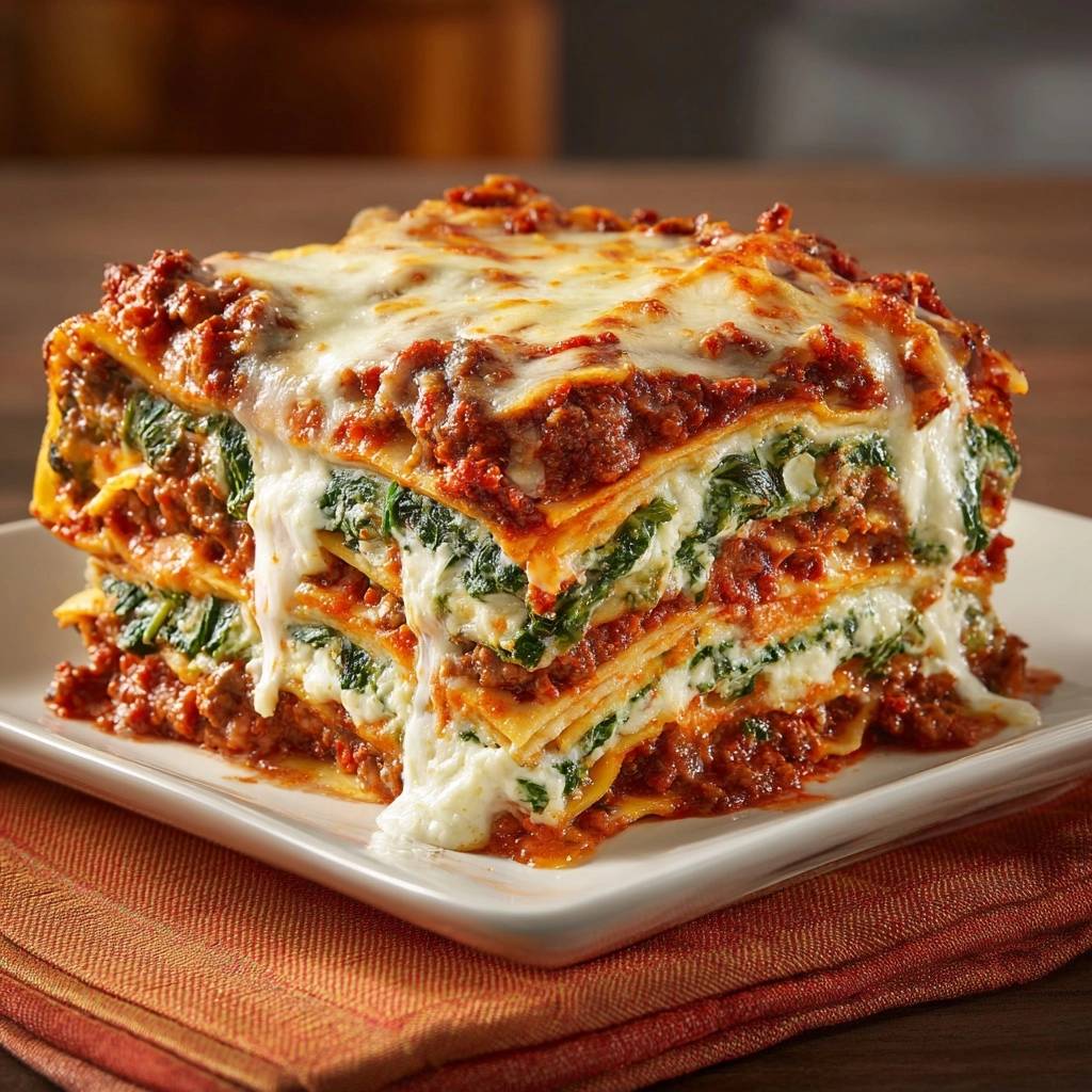 Spinach beef lasagna with firm layers shown in a close-up cross-section revealing its rich interior layers.