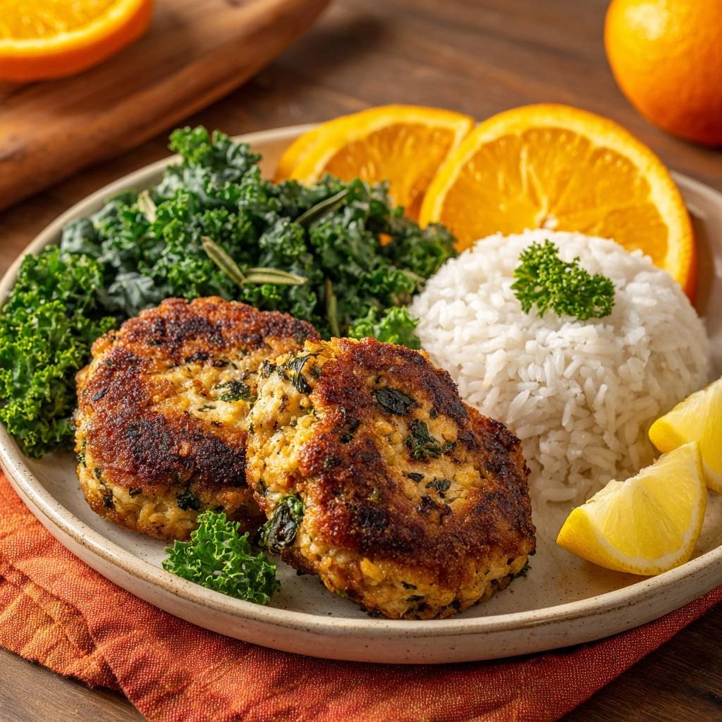 Crispy spinach crab cakes with kale rice served on a plate with orange slices and lemon wedges.