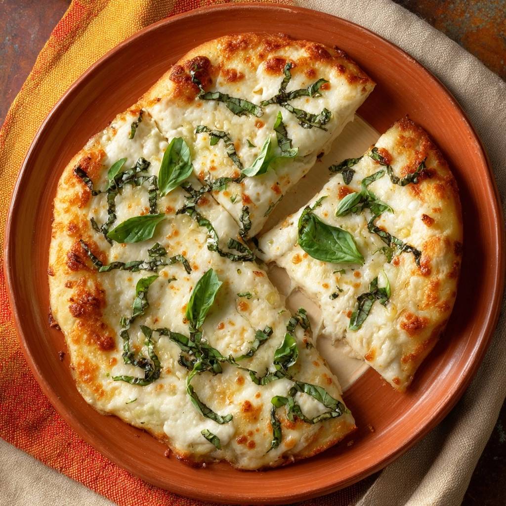 Spinach feta pizza with a crispy crust, sliced and presented in an overhead view on a rustic plate.
