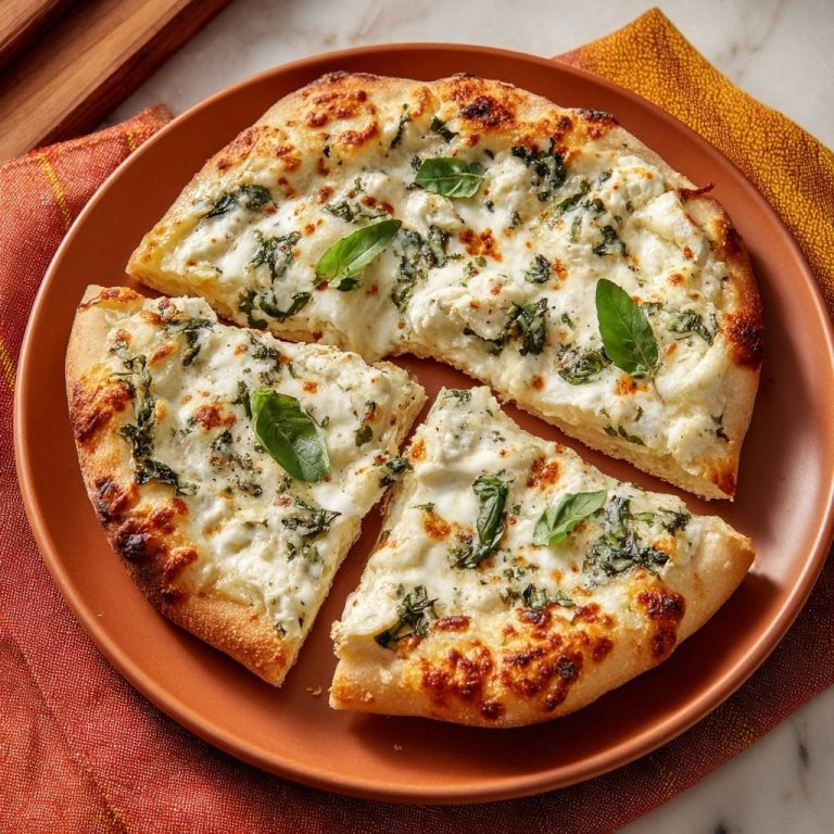 Spinach feta pizza with a crispy crust, sliced and served on a rustic plate with fresh basil leaves.