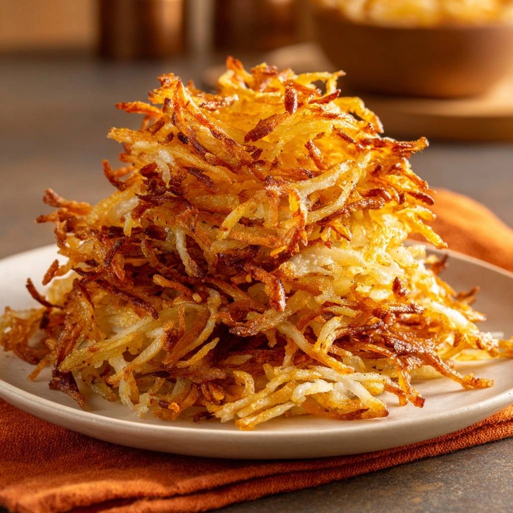 Crispy stackable hash browns piled high on a white plate with an orange napkin.