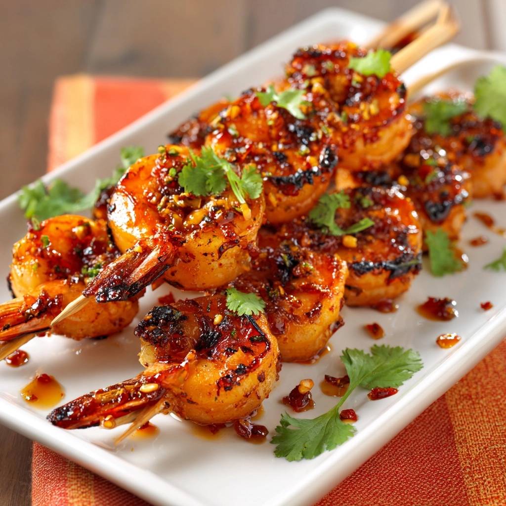 Sticky chili garlic shrimp skewers are presented on a white platter, showcasing a close-up view of the glazed shrimp on wooden skewers.