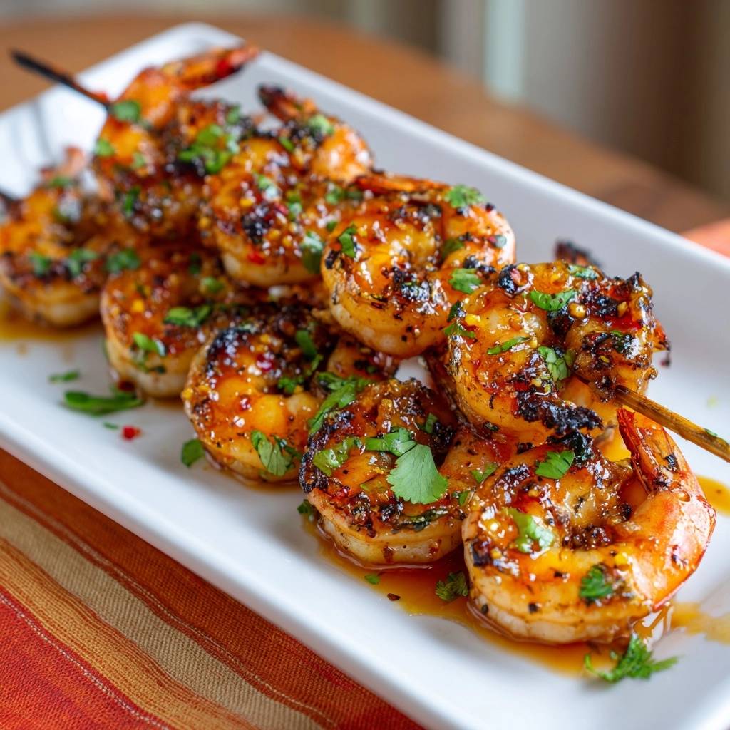 Sticky chili garlic shrimp skewers glistening with a rich glaze and fresh cilantro garnish.