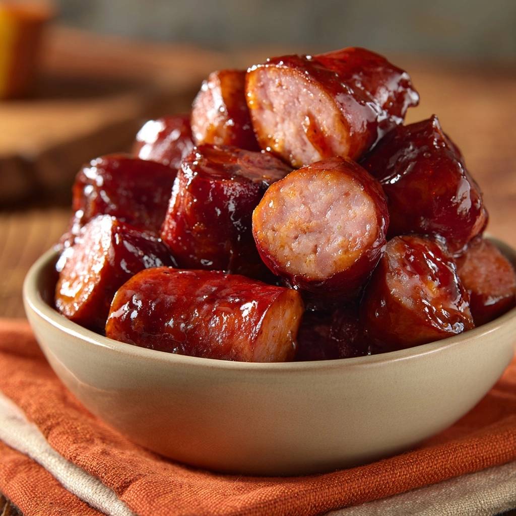 Sticky glazed smoked sausage bites shown in a bowl with a close-up view of the juicy cross-section of the sausage.