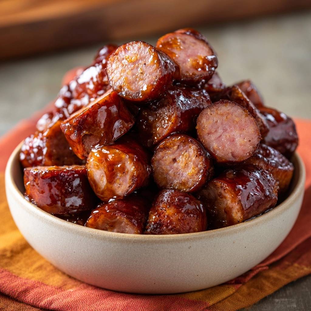 Sticky glazed smoked sausage bites shown in a close-up cross-section, showcasing the tender interior and glossy sauce.