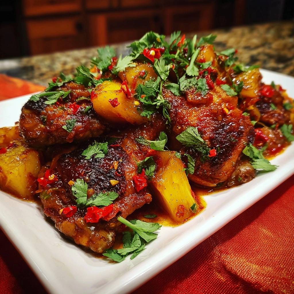 Sticky pineapple chicken thighs garnished with fresh cilantro and chili flakes, displayed on a white platter.