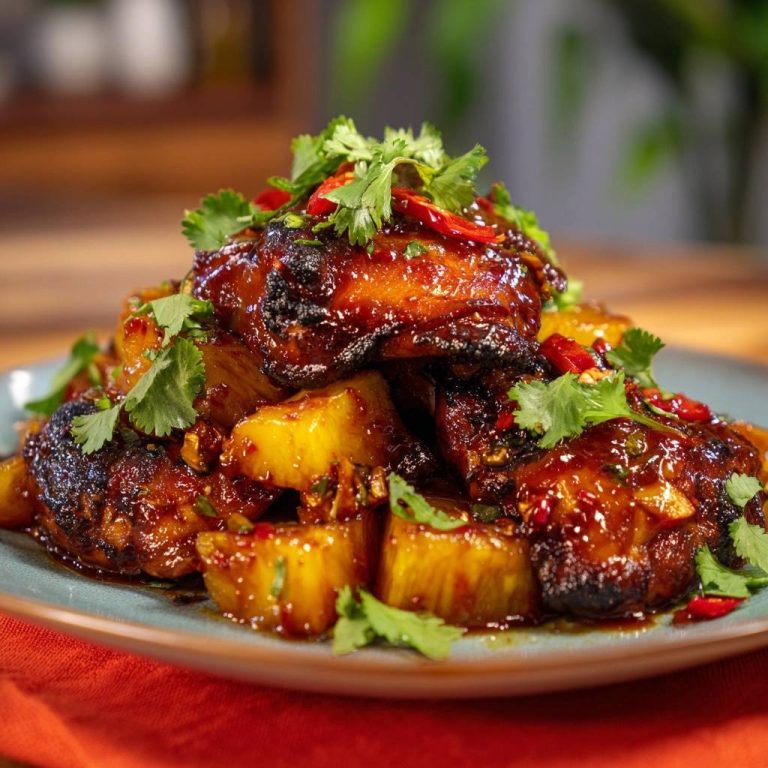 Sticky pineapple chicken thighs plated and garnished with cilantro and chili peppers, showcasing a glossy glaze.
