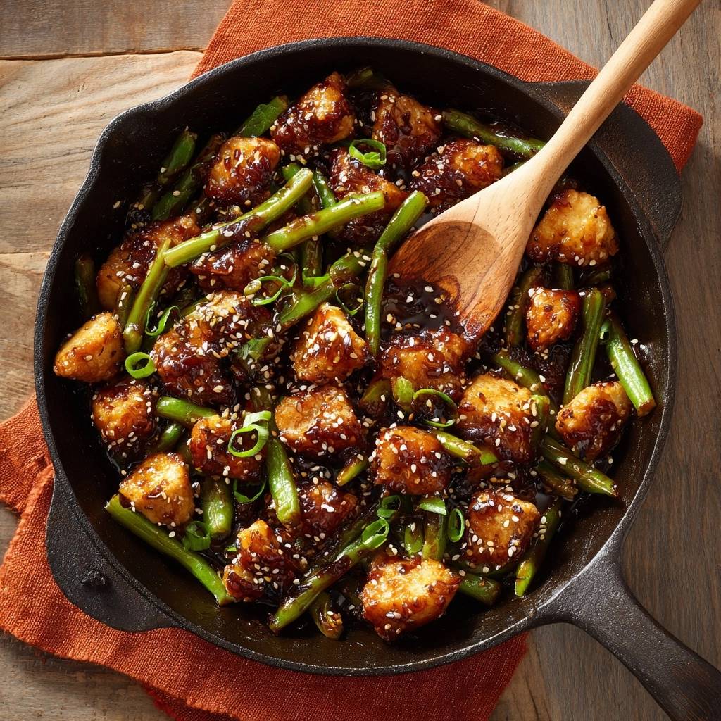 Sticky sesame chicken with green beans served in a cast iron skillet, shown from an overhead view with a wooden spoon.