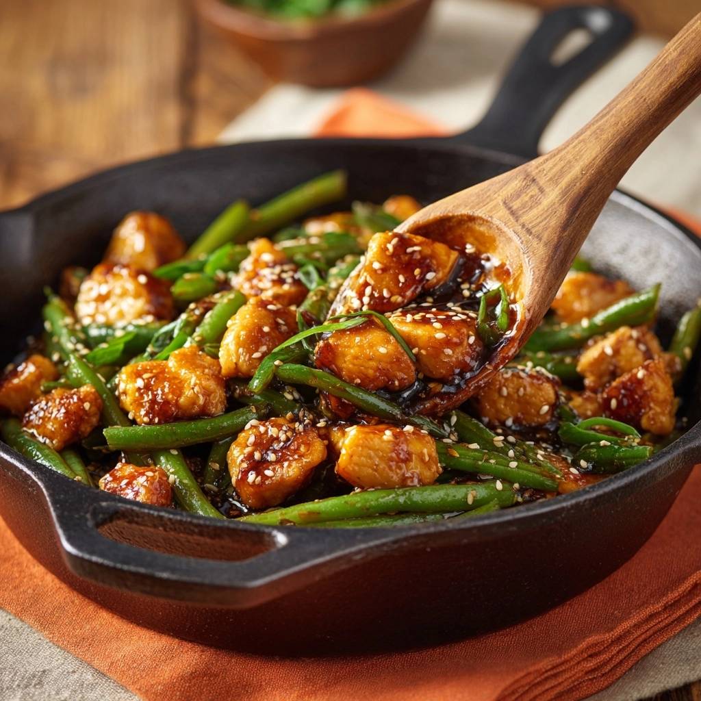 Sticky sesame chicken with green beans being served from a cast iron skillet with a wooden spoon.