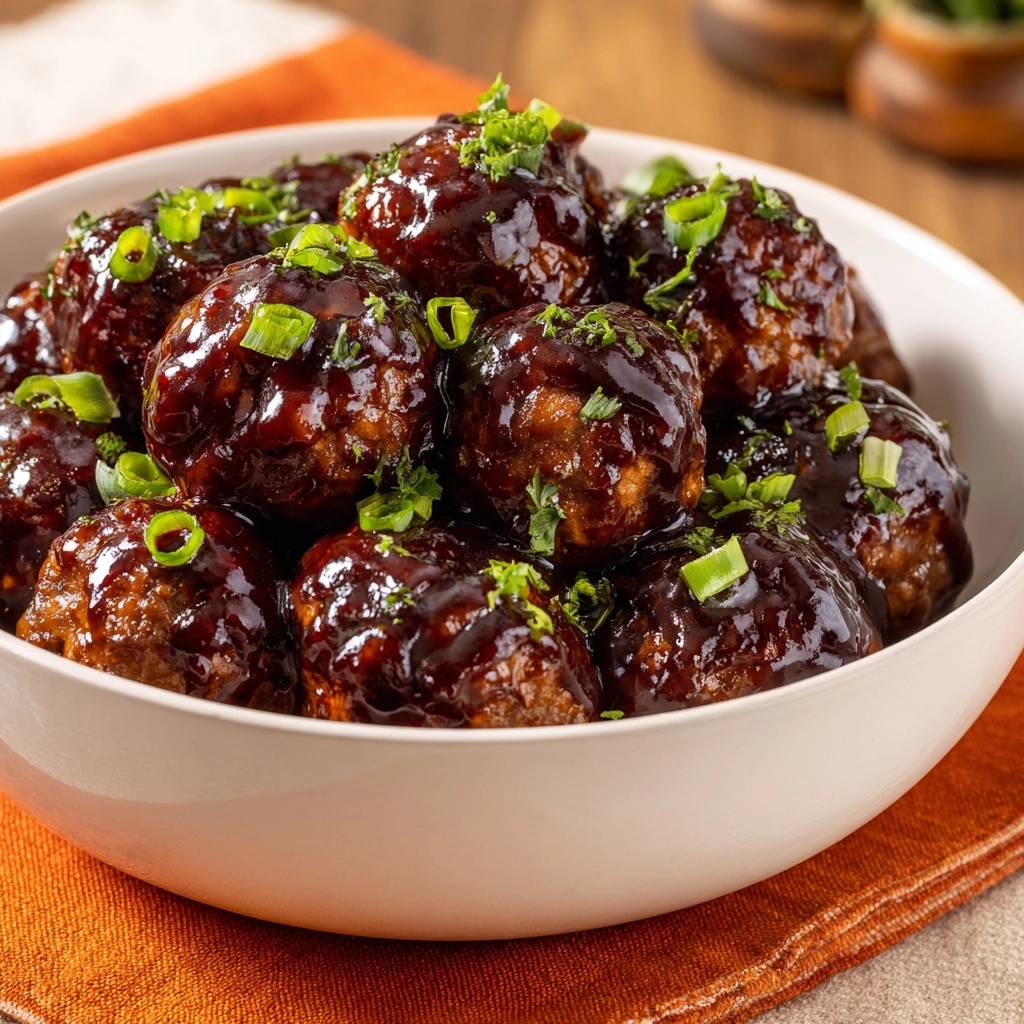 Sticky soy glazed meatballs with a close-up view of the glistening sauce and fresh green onion garnish.