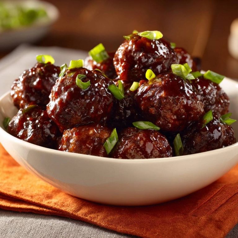 Sticky soy glazed meatballs glistening with sauce and garnished with fresh green onions in a white bowl.