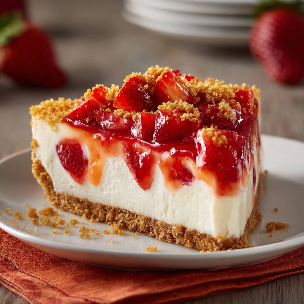 Perfect strawberry cheesecake presented as a plated slice, showcasing its creamy interior and strawberry topping.