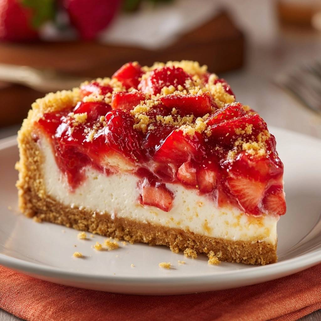 Perfect Strawberry Cheesecake served as a single slice showing its creamy interior and fruit topping.