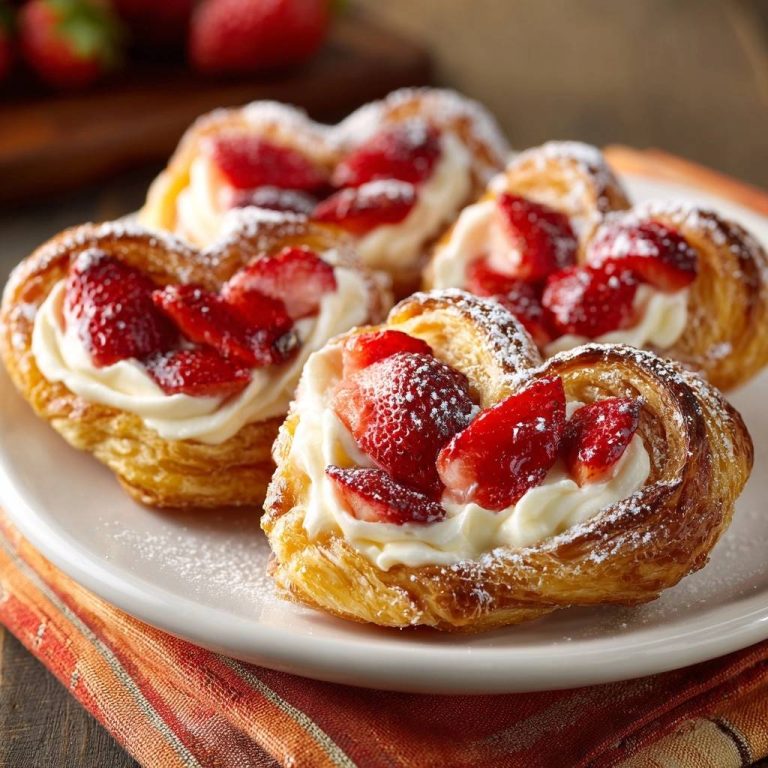 Strawberry cream heart danishes plated on a white dish, showcasing the flaky pastry and fresh strawberry topping.