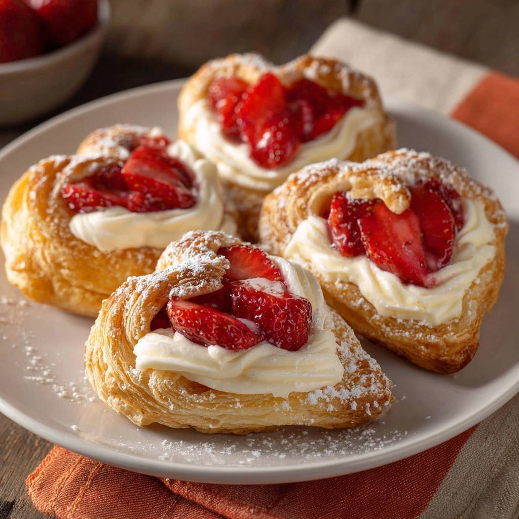 Strawberry cream heart danishes are beautifully plated and dusted with powdered sugar, showcasing their flaky pastry and fresh fruit filling.