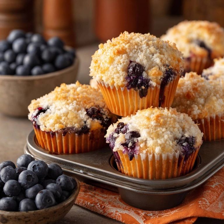 Streusel-topped blueberry muffins featuring a close-up view of the crumb topping and visible blueberries.