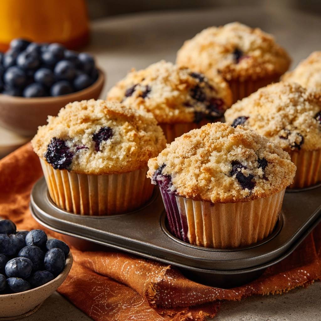 Streusel-topped blueberry muffins showing a detailed view of the golden crumb topping and blueberries.