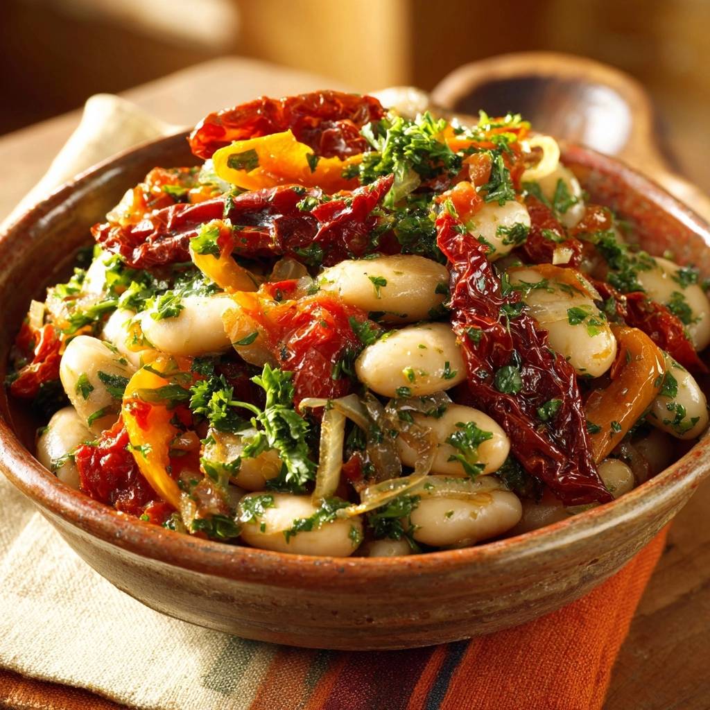 Sun-dried tomato white bean salad served in a rustic brown bowl, showcasing a close-up view of the ingredients.