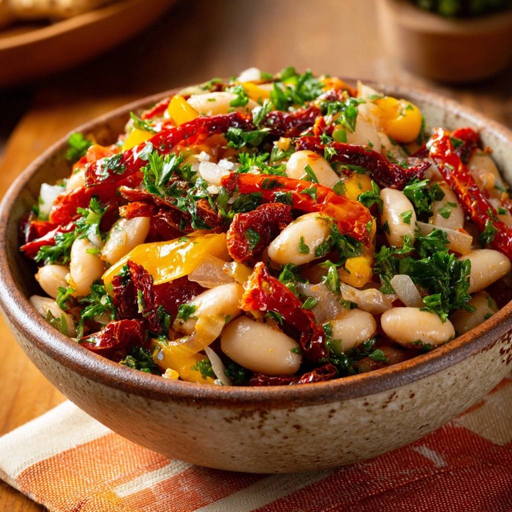 Sun-dried tomato white bean salad shown in a rustic bowl, a close-up view highlighting the textures and ingredients.