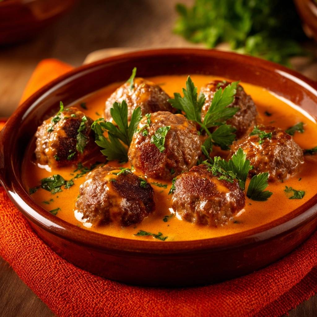 Swedish meatballs in creamy tomato sauce are garnished with fresh parsley in a close-up view.