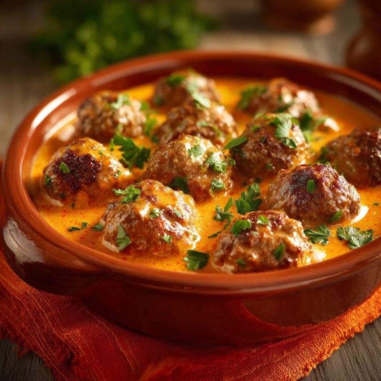 Swedish meatballs in creamy tomato sauce, a close-up view showing parsley garnish and rich sauce texture.