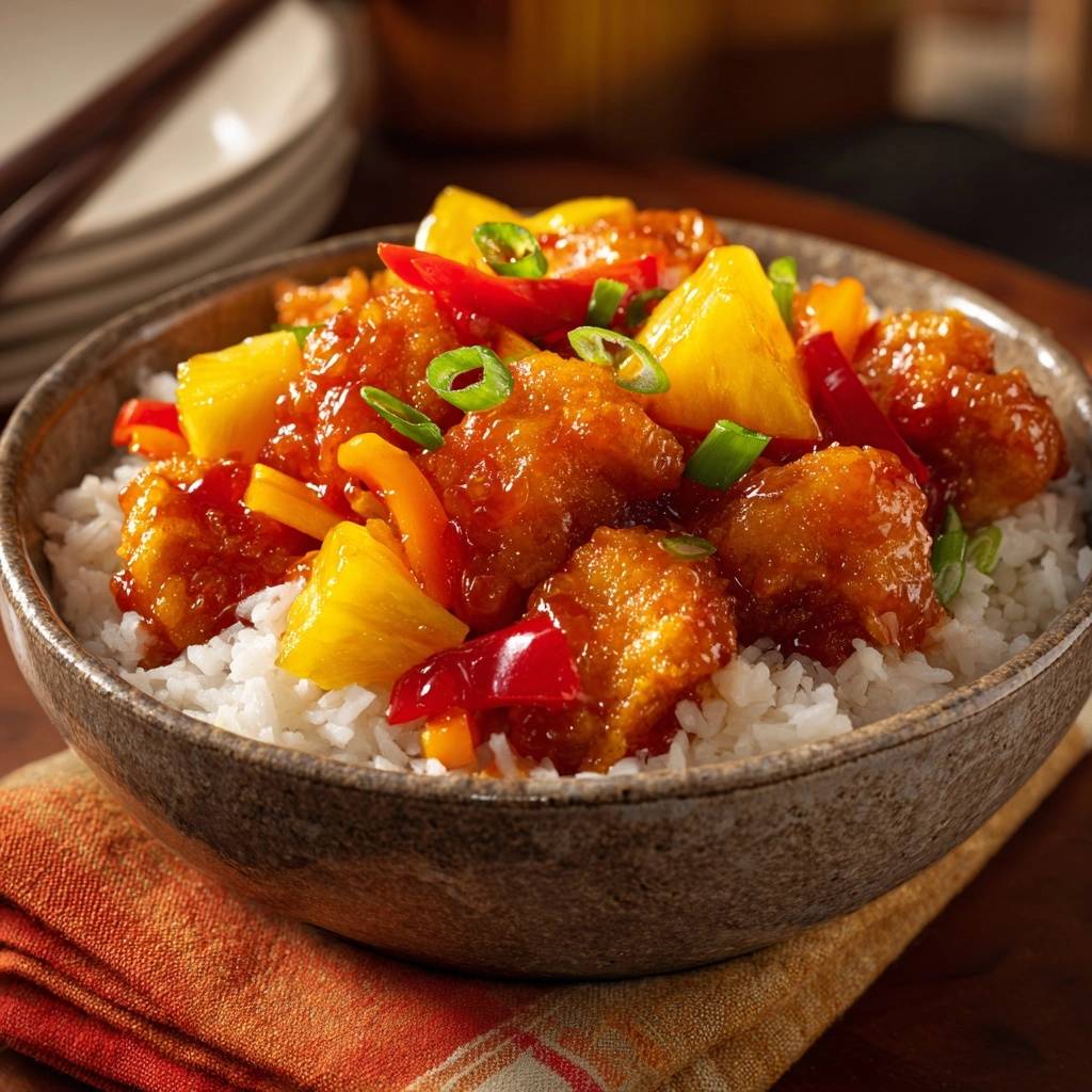 Sweet and sour pineapple chicken served in a bowl over white rice, with a close-up view of the tender chicken and colorful vegetables.